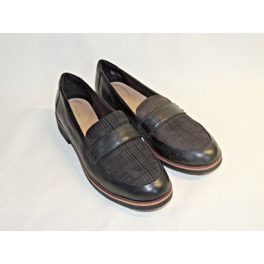 Clarks Loafers Womens 9.5 Black Plaid Penny Slip On Dark Academia Preppy Shoes